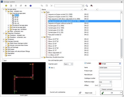 CADprofi sewage piping dialog with pipes, elbows and insertion preview